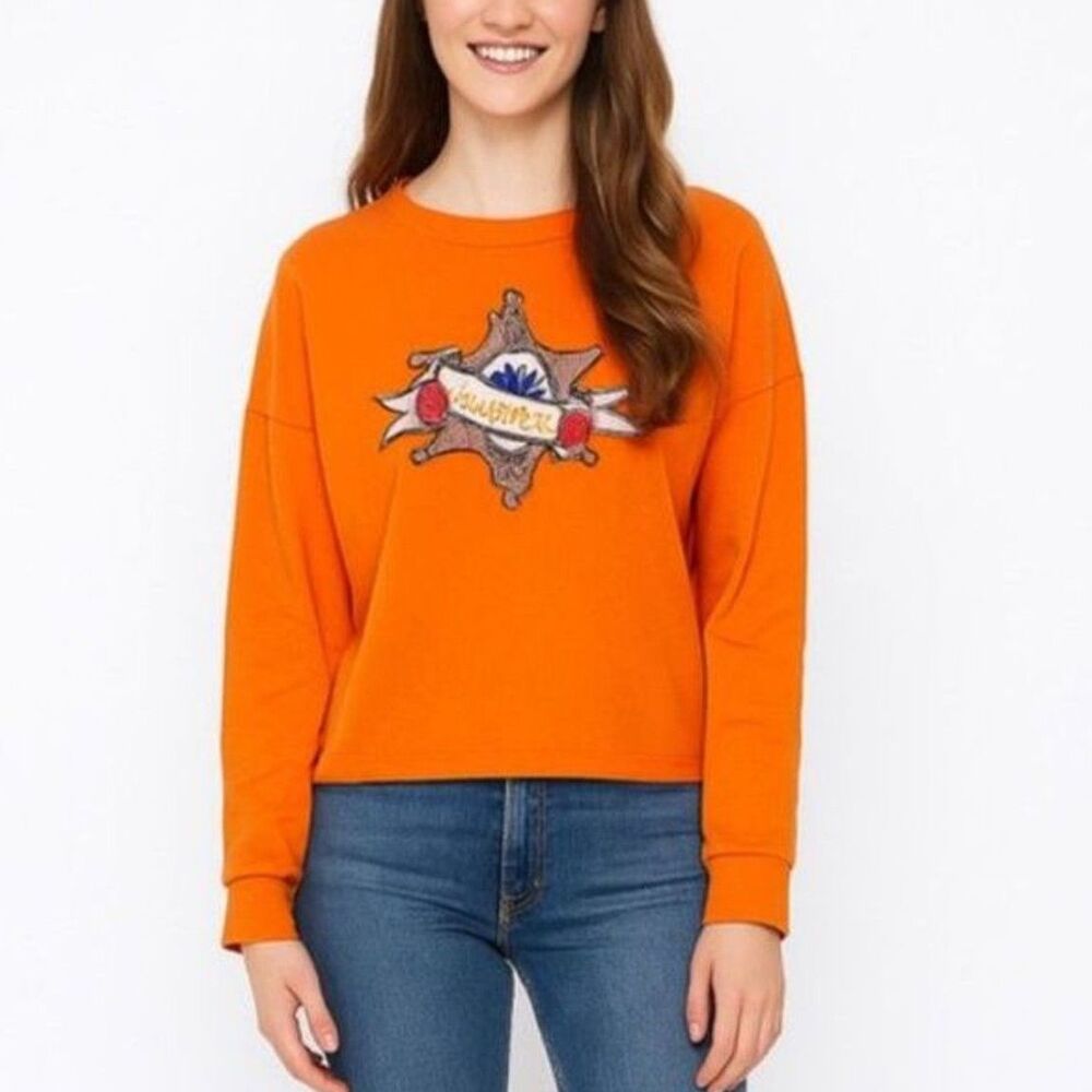 Anthropologie Odd Molly Orange Embroidered “Sovereign” Crewneck Sweatshirt Sz M